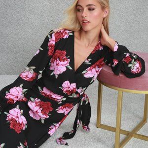 NWT Lulus Romantic Blooms Black Floral Print Midi Wrap Dress